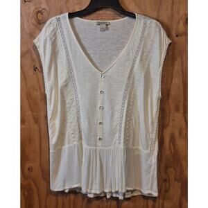 Lucky Brand Shirt Women's Large Cream Lace Embroidered Bohemian Boho Minimalist